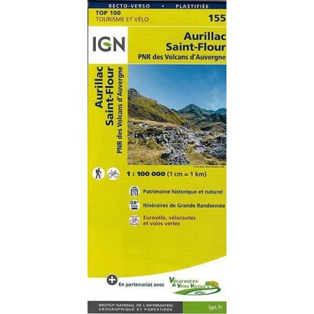 Carte IGN TOP 100 n°155 Aurillac – Saint-Flour Plastifiée